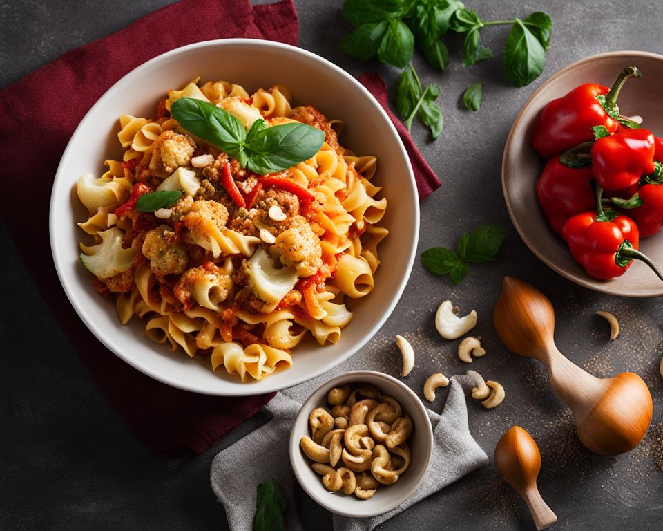 Red Pepper Cashew Pasta with Roasted Cauliflower