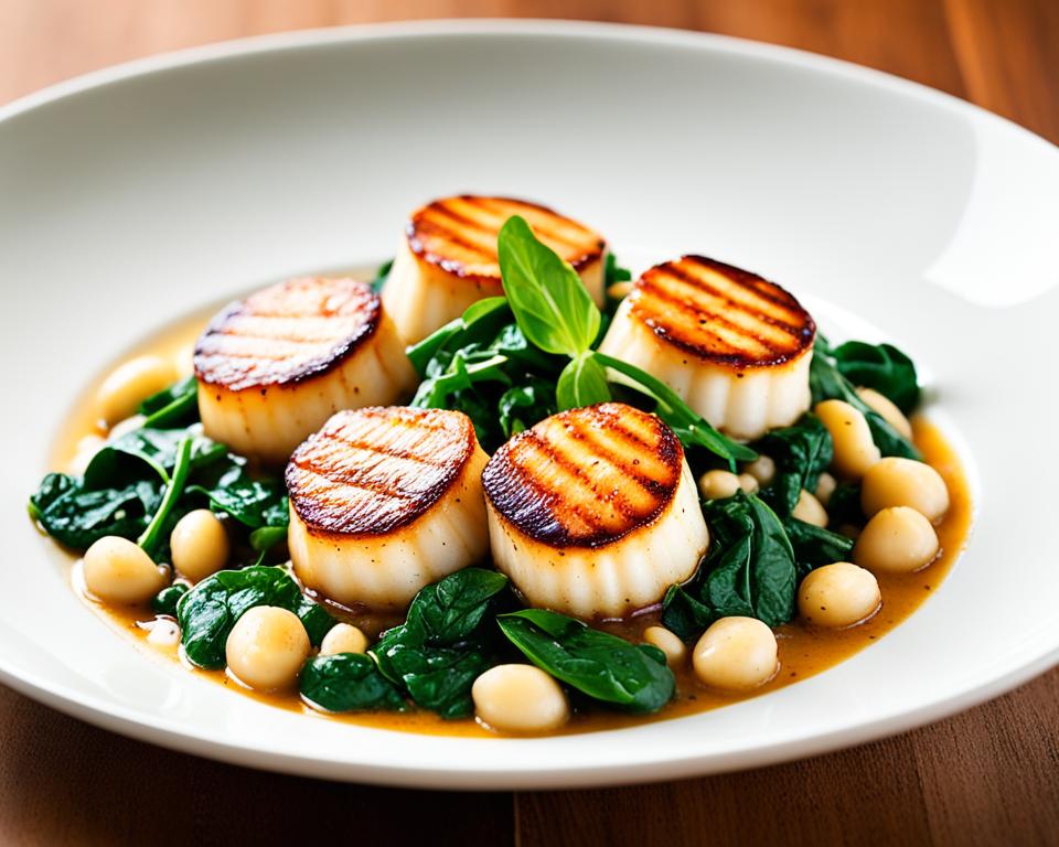 Seared Scallops with White Beans and Spinach